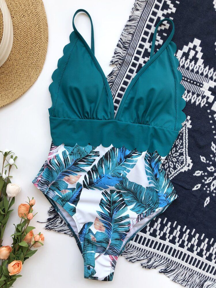 Tropical Scalloped Trim One Piece Swimsuit | SHEIN
