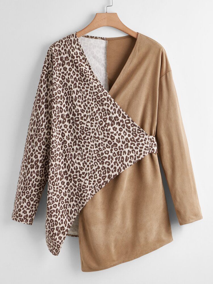 Plus Contrast Cheetah Tie Back Suede Blouse | SHEIN