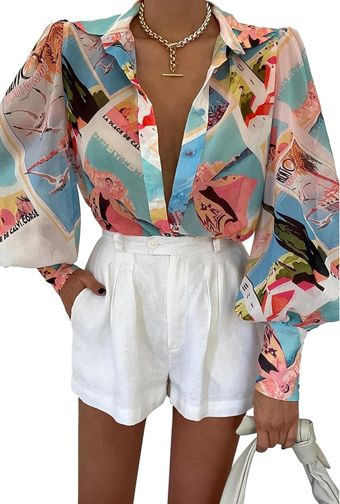Sucolan Women‘s 2024 Spring Tops Dressy Casual Long Sleeve Button Down Shirts Printed Boho Blouses for Women Fashion Outfits | Amazon (US)