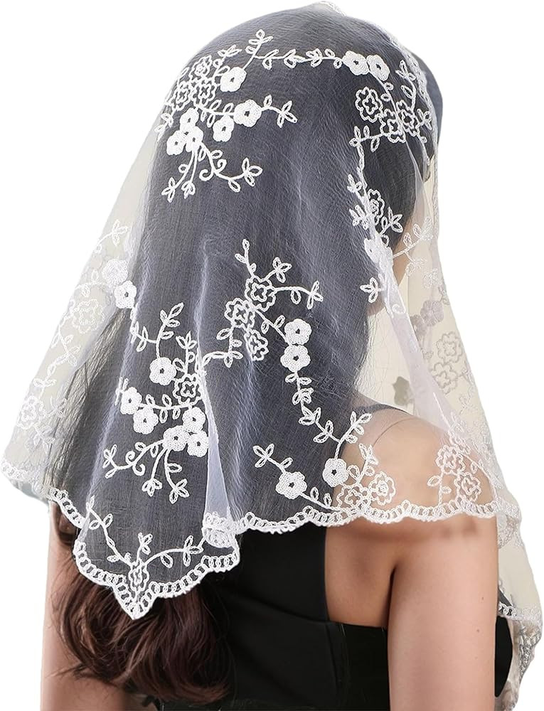 Triangle Veil with Lace Edge, Floral Pattern Sheer Tulle Chapel Bridal Veil for Wedding, Church, ... | Amazon (US)