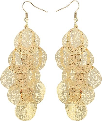 Boho Gold Dangle Earrings for Women Trendy Long Drop Chandelier Bohemian Fligree Leaf Earrings Da... | Amazon (US)