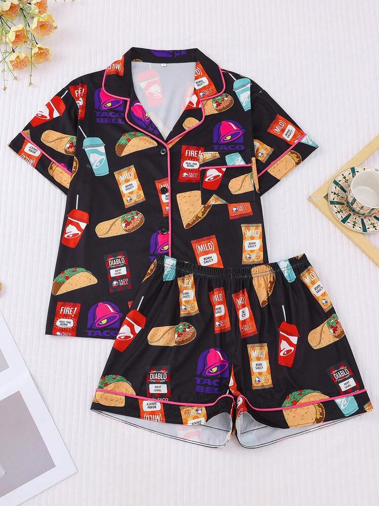 2pcs Women Cartoon All Over Print Short Sleeve Short Pajama Set With Pockets, Loose Casual Homewear With Button Front, Suitable For All Seasons | SHEIN
