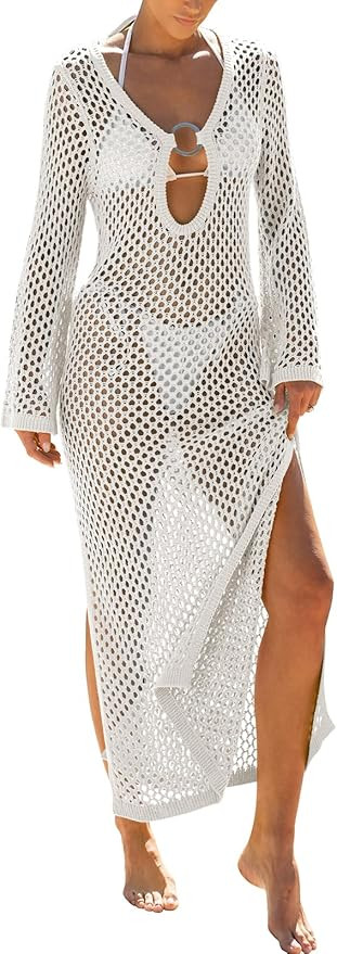 Caracilia Women Swimsuit Coverup Crochet Bathing Suit Swim Cover Ups for Swimwear Summer Long Sle... | Amazon (US)