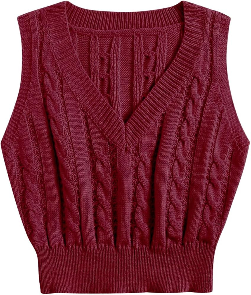 OYOANGLE Women's Cable Knit V Neck Sweater Vest Sleeveless Ribbed Crop Top | Amazon (US)