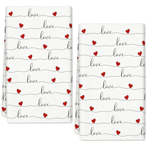 JarThenaAMCS Valentine's Day Kitchen Towel Love Hearts Dish Towels 18 x 28 Inch Hand Drying Tea Towel for Wedding Anniversary Cooking Baking, 2Pcs | Amazon (US)