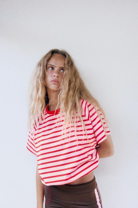 Zara - Striped T-Shirt With Stoppers - Orange - M - Woman | Zara UK