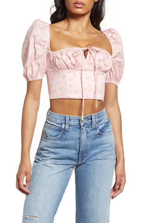 HOUSE OF CB Puff Sleeve Corset Top in Pink Floral at Nordstrom, Size X-Large | Nordstrom