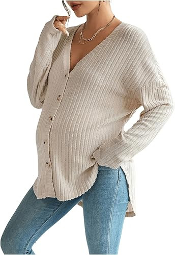 COZYEASE Women's Maternity Ribbed Knit Button Down Tee Shirt Drop Shoulder V Neck Sweater Top | Amazon (US)