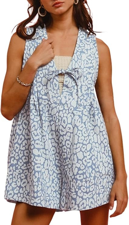 ebossy Womens Leopard Print Denim Rompers Casual Sleeveless Tie Front Jean Shorts Overalls with P... | Amazon (US)