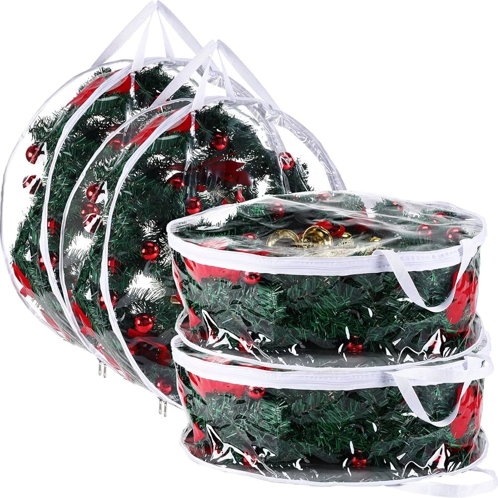 Christmas Wreath Storage Container 30 Inch Clear Wreath Storage Bags Plastic Wreath Bags with Dua... | Amazon (US)