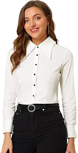 Allegra K Point Collar Button Down Shirt for Women's Work Office Big Collared Long Sleeve Top | Amazon (US)