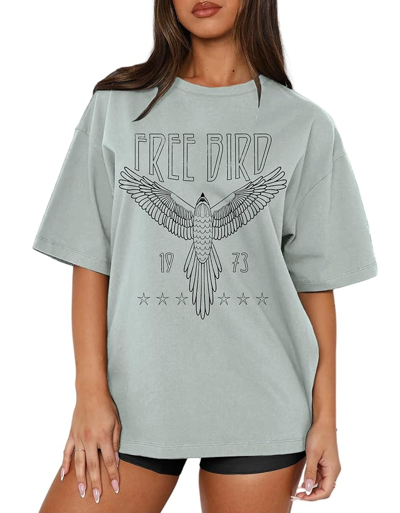 MAPICK Women Oversized Free Bird T-Shirts Vintage Eagle Graphic Short Sleeve Tees Casual Band Mus... | Amazon (US)