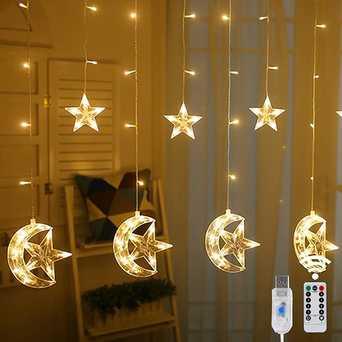 WATERGLIDE 138 LED Star Moon Curtain Decorative Lights, Window Curtain Fairy String Lights, Remot... | Amazon (US)