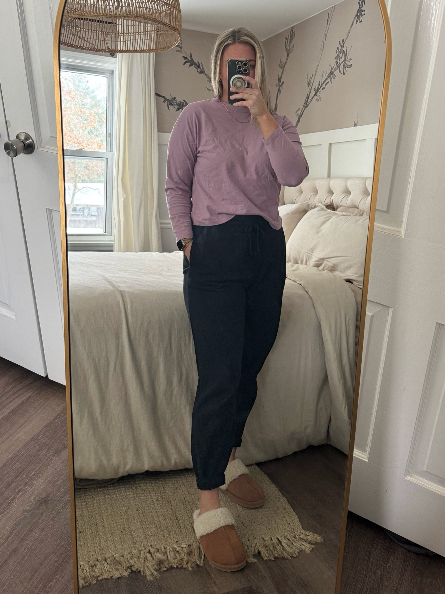 Snow day OOTD. My favorite cozy + warm joggers, the BEST basic long sleeve T-shirt, and my UGG slipper dupes. Wearing a M top and L bottoms. 

#LTKFindsUnder50 #LTKMidsize