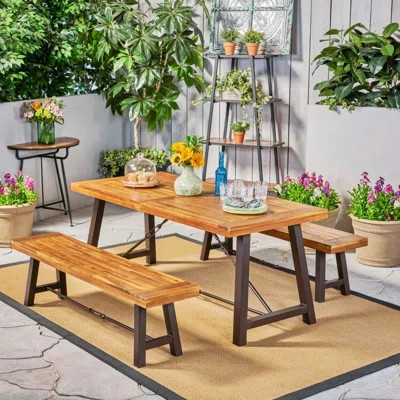 3 Piece Patio Wood Dining Set With Benches | Wayfair North America