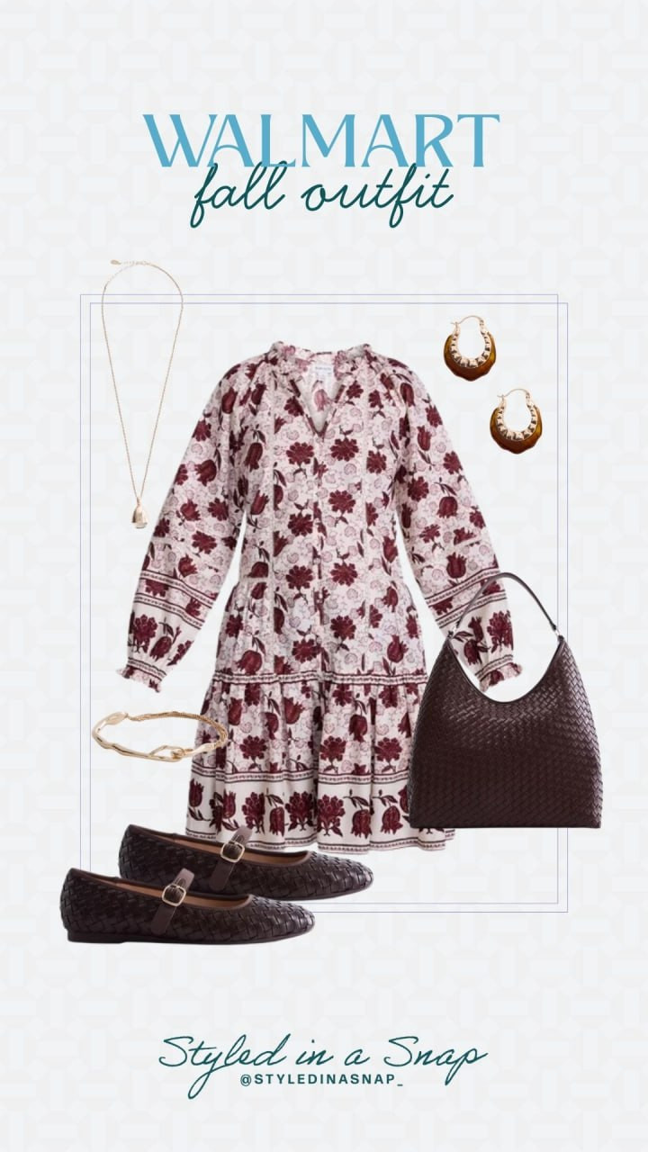 The perfect fall dress moment 🍂🤎 Love this floral print paired with ballet flats, a woven bag, and simple gold accessories.

// Walmart Fall Outfits, Walmart Fashion Finds, Walmart Womens Fashion 

 #LTKgrwm #LTKootd #LTKSeasonal