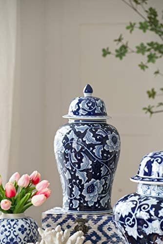 A&B Home 18" Porcelain Decorative Jar with Lid Blue White Floral Print Vase Ginger Jar Centerpiece D | Amazon (US)