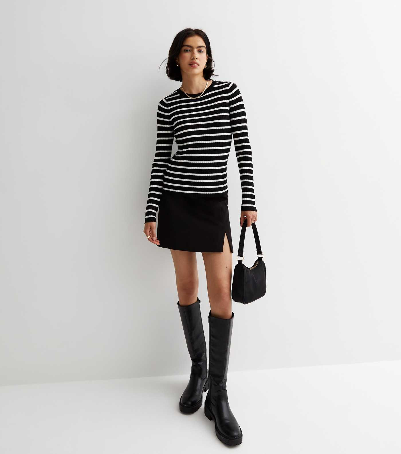 Black Stripe Ribbed Crew Neck Top | New Look | New Look (UK)