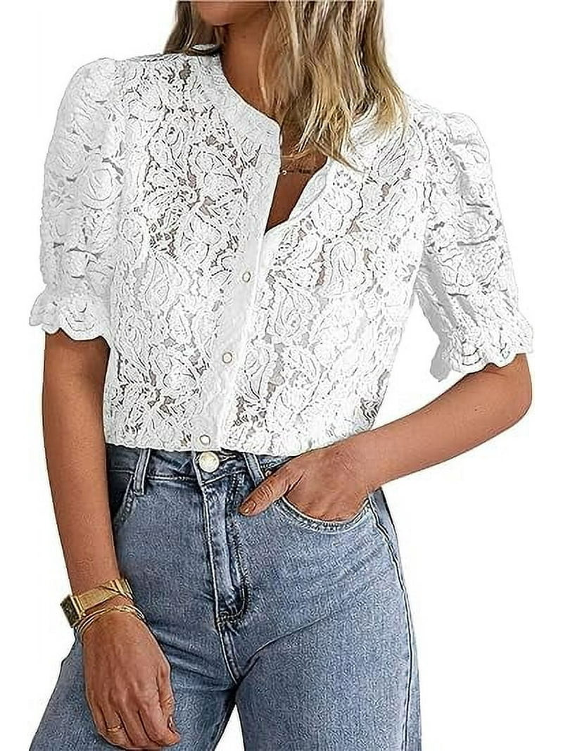 PRETTYGARDEN Womens Summer Lace Tops Short Puff Sleeve Casual Dressy Blouses Eyelet Crew Neck But... | Walmart (US)