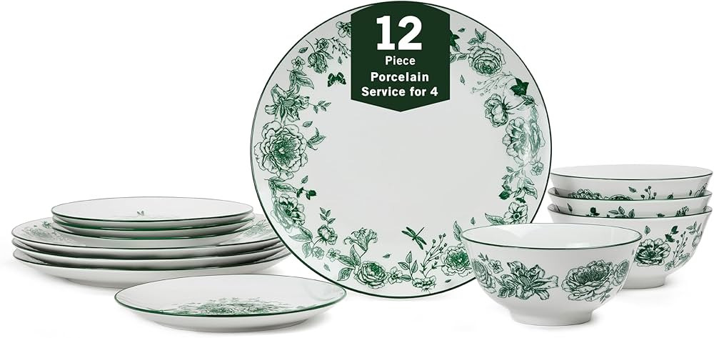 Stone Lain Esme 12-Piece Dinnerware Set Porcelain, Plates and Bowls Set, Dish Set for 4, Microwav... | Amazon (US)