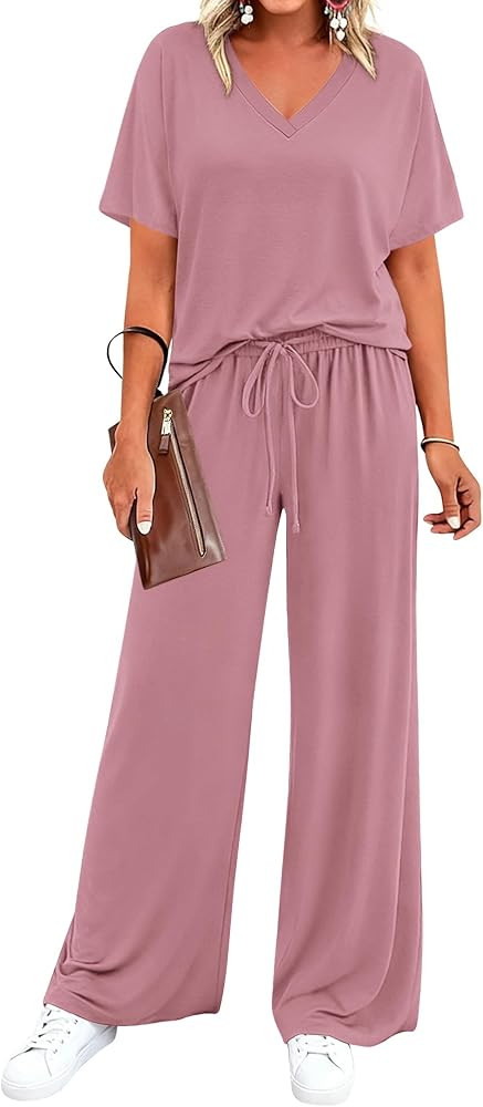 BTFBM 2 Piece Sets for Women Summer V Neck Short Sleeve Lounge Set Wide Leg Pants Matching Set Ai... | Amazon (US)