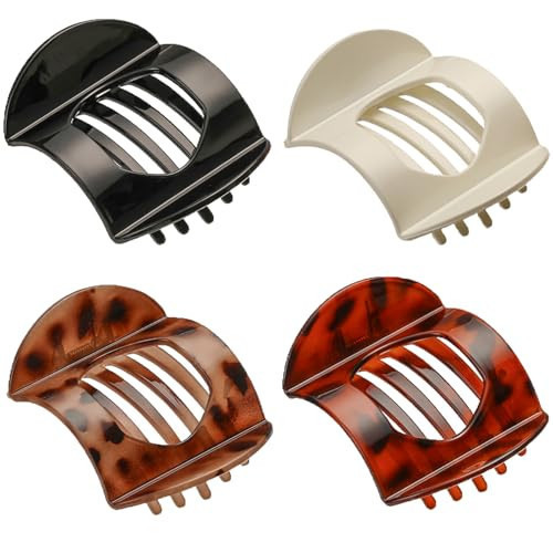 4 PCS Flat Claw Clips, Round Large Flat Hair Clips for Women,French Strong Hold Hair Barrettes for Thick Thin Hair(Leopard) | Amazon (US)