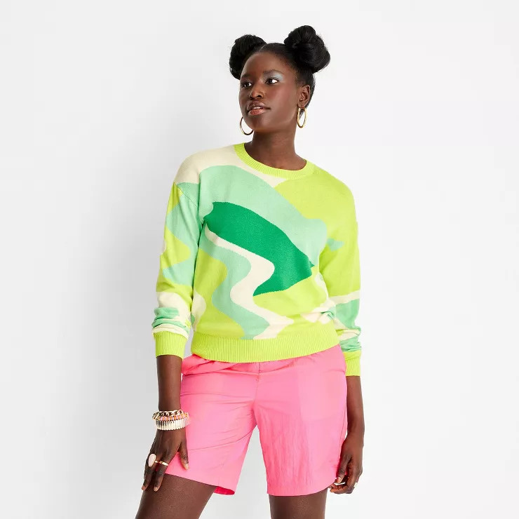 Women's Abstract Oversized Crewneck Sweater - Future Collective™ with Alani Noelle Yellow/Green | Target