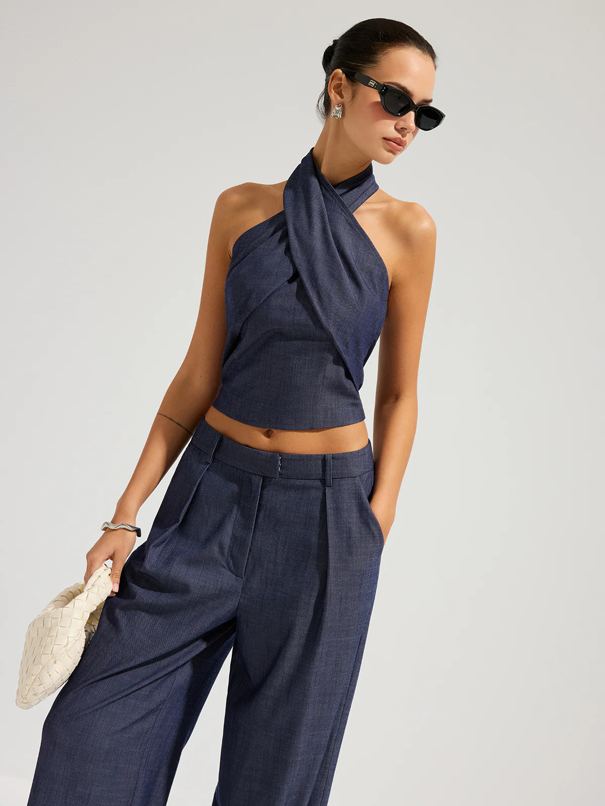 Denim Halter Neck Crop Top & Pants Set | Commense