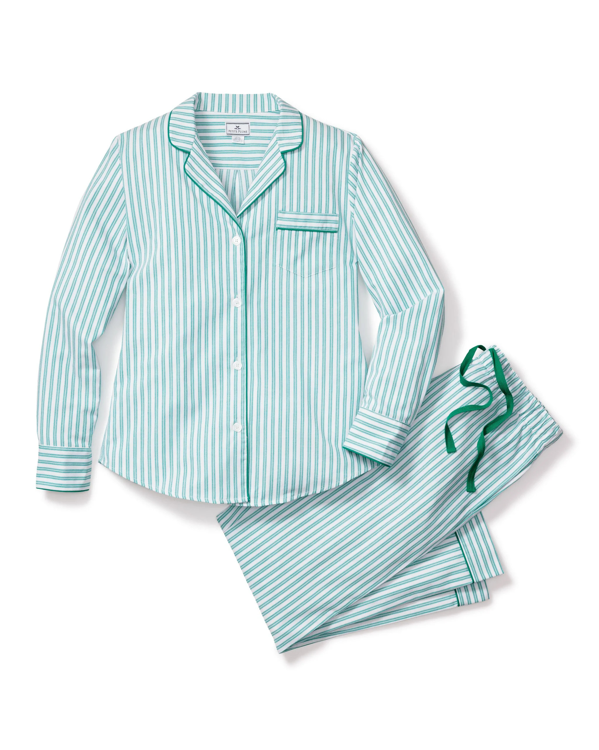 Women's Twill Pajama Set in Emerald Ticking | Petite Plume