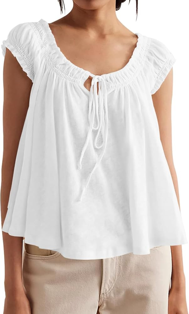 Tankaneo Women Summer Tie Front Tank Tops Cap Sleeve Pleated Babydoll Tops Casual Loose Fit Going... | Amazon (US)