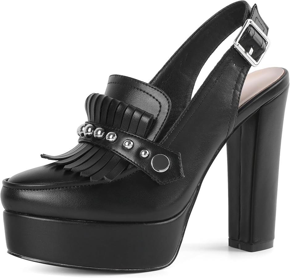 Eldof Women's Platform Chunky High Heels Loafers Shoes Black Slingback Pumps Heels 4.7 Inch | Amazon (US)