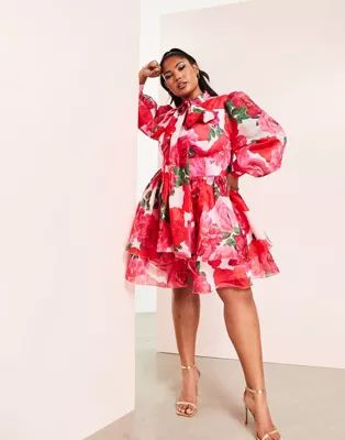 ASOS LUXE Curve chiffon mini swing dress with pussybow in floral | ASOS (Global)