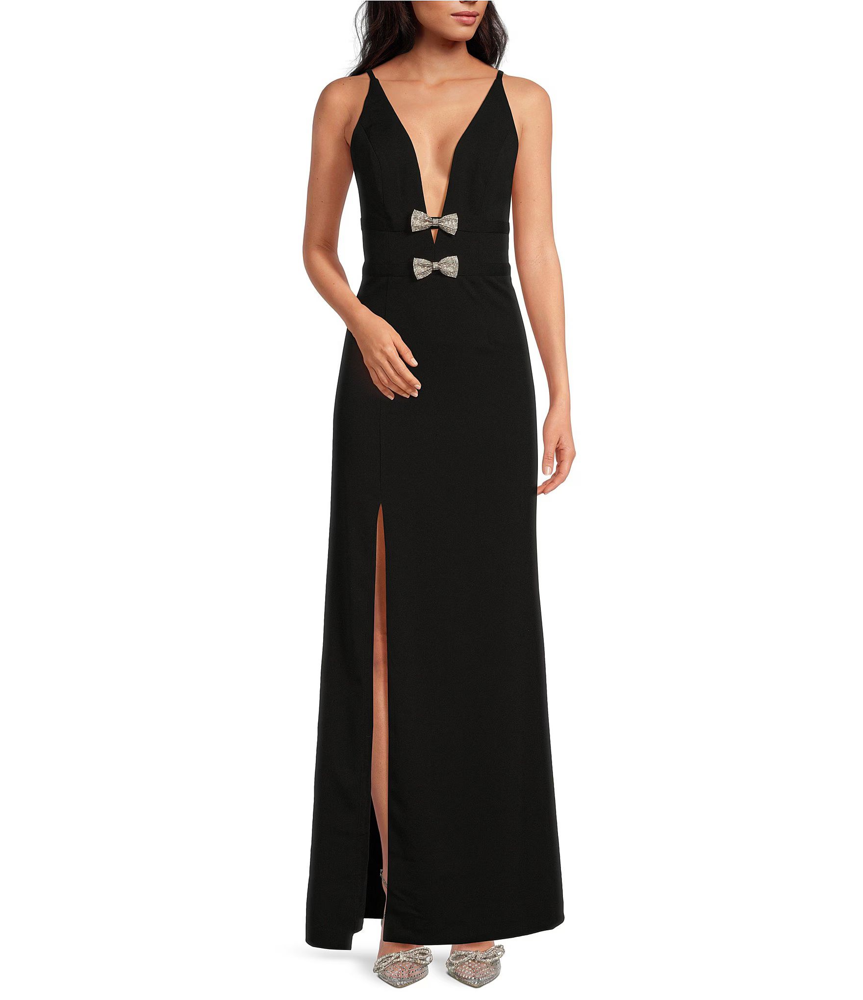 Dress the Population Stretch Plunge Neckline Sleeveless Bow Front Mermaid Gown | Dillard's | Dillard's