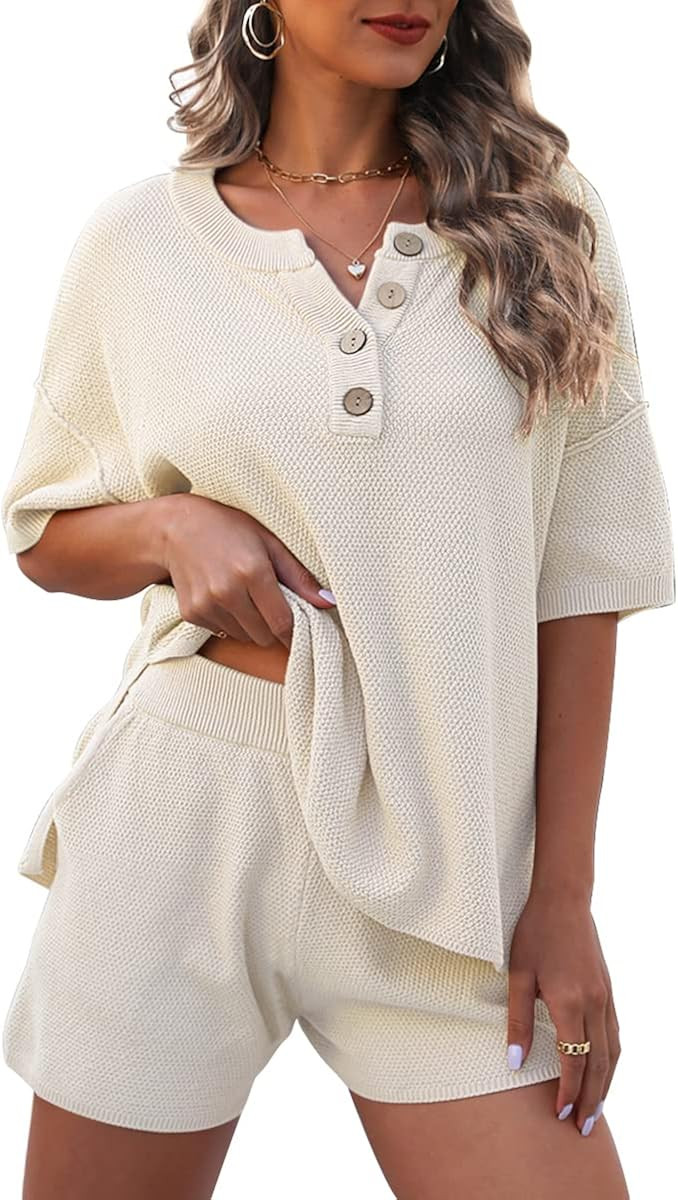 LILLUSORY Knit Lounge Set 2023 Two Piece Outfits Short Sleeve Knit Pullover Loungewear Pajamas Se... | Amazon (US)