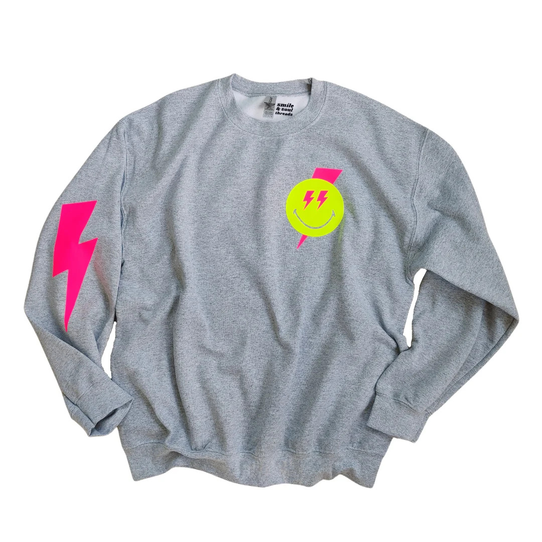 Smiling Face Neon Pink Lightning Bolt Sweatshirt Women's Trendy Sweatshirt Smile Face Oversized S... | Etsy (US)