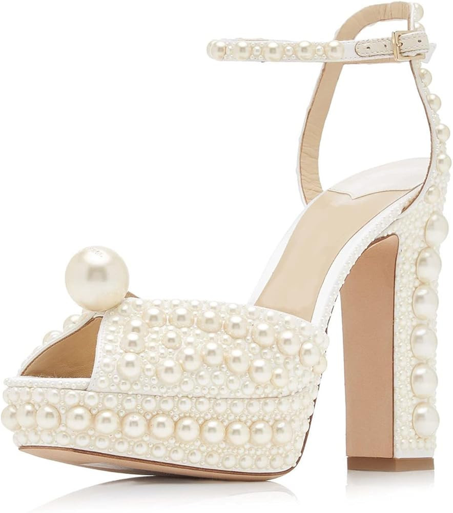 Goolita Womens Open Toe Pearl Platform Heels For Women Chunky Buckle Ankle Strap Wedding Heeled S... | Amazon (US)