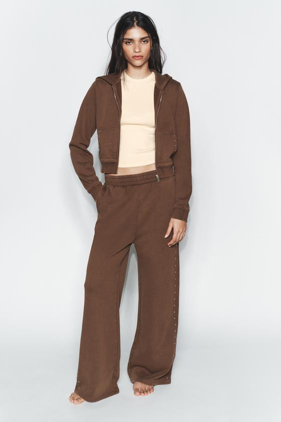WASHED EFFECT FLEECE PANTS WITH STUDS | Zara US