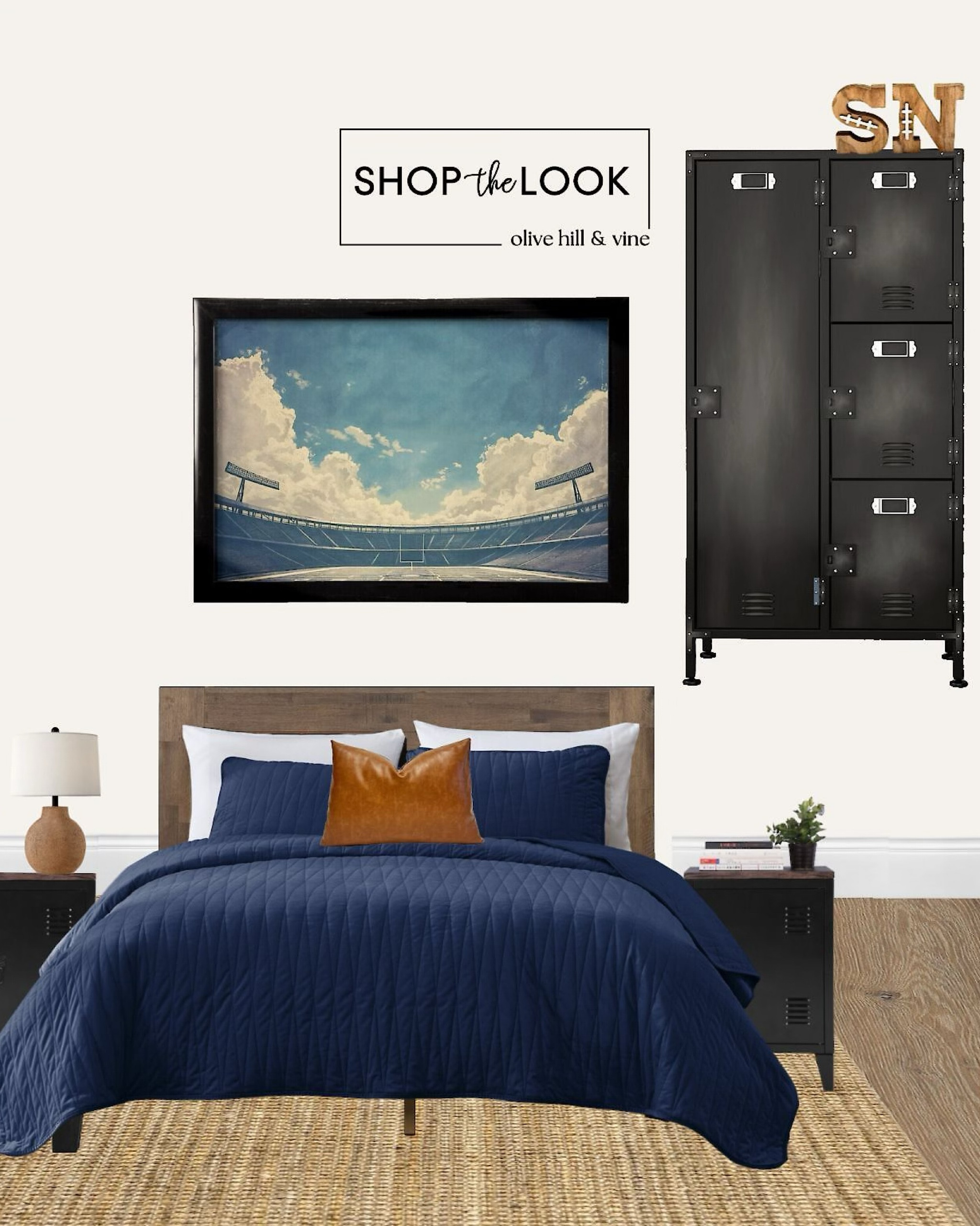 Score big with this football-inspired teen bedroom! Black locker-style cabinets and nightstands set a bold tone, paired with a low-profile wood bed and blue velvet quilt. A jute rug and vegan leather pillow add warmth, while a blue-tinted stadium print and stitched football letters complete the sporty look.

#LTKHome #LTKKids #LTKFamily