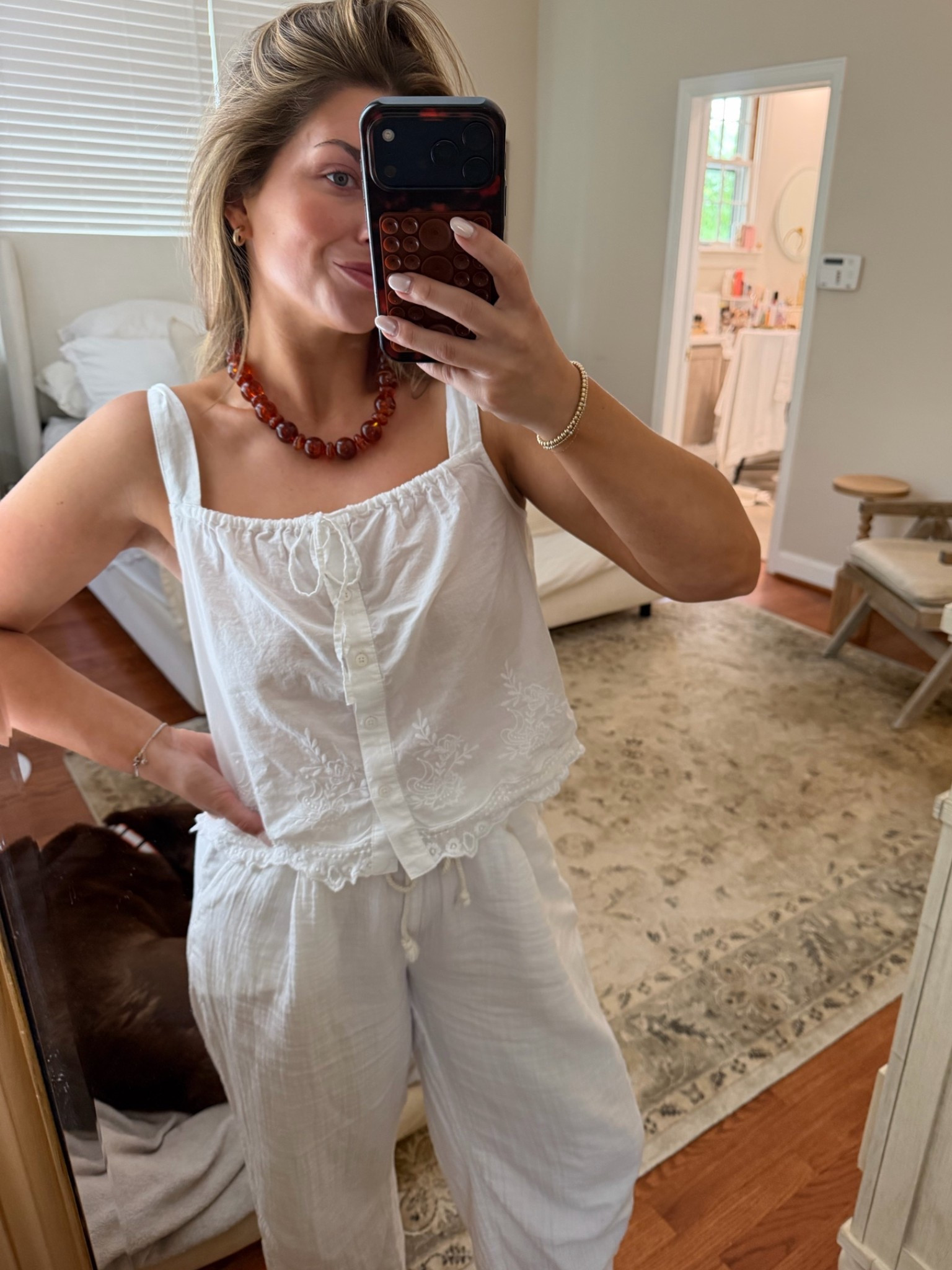 All white linen cotton comfy chic outfit with beaded brown necklace

#LTKmomlife #LTKgrwm #LTKootd