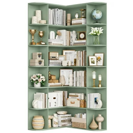 Homfa 73.9” Tall Corner Bookcase, 6 Tier L-Shaped Large Display Bookshelf with Curved Edges for Living Room Home Office Study, Green | Walmart (US)