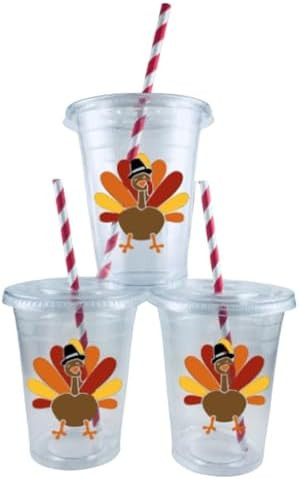 Thanksgiving Turkey Cups Disposable Set 12 Turkeys Lids Straws Kids Table | Amazon (US)