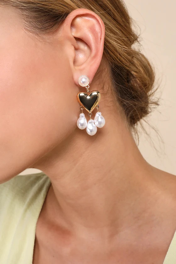 Heartwork Gold Pearl Heart Statement Earrings | Lulus