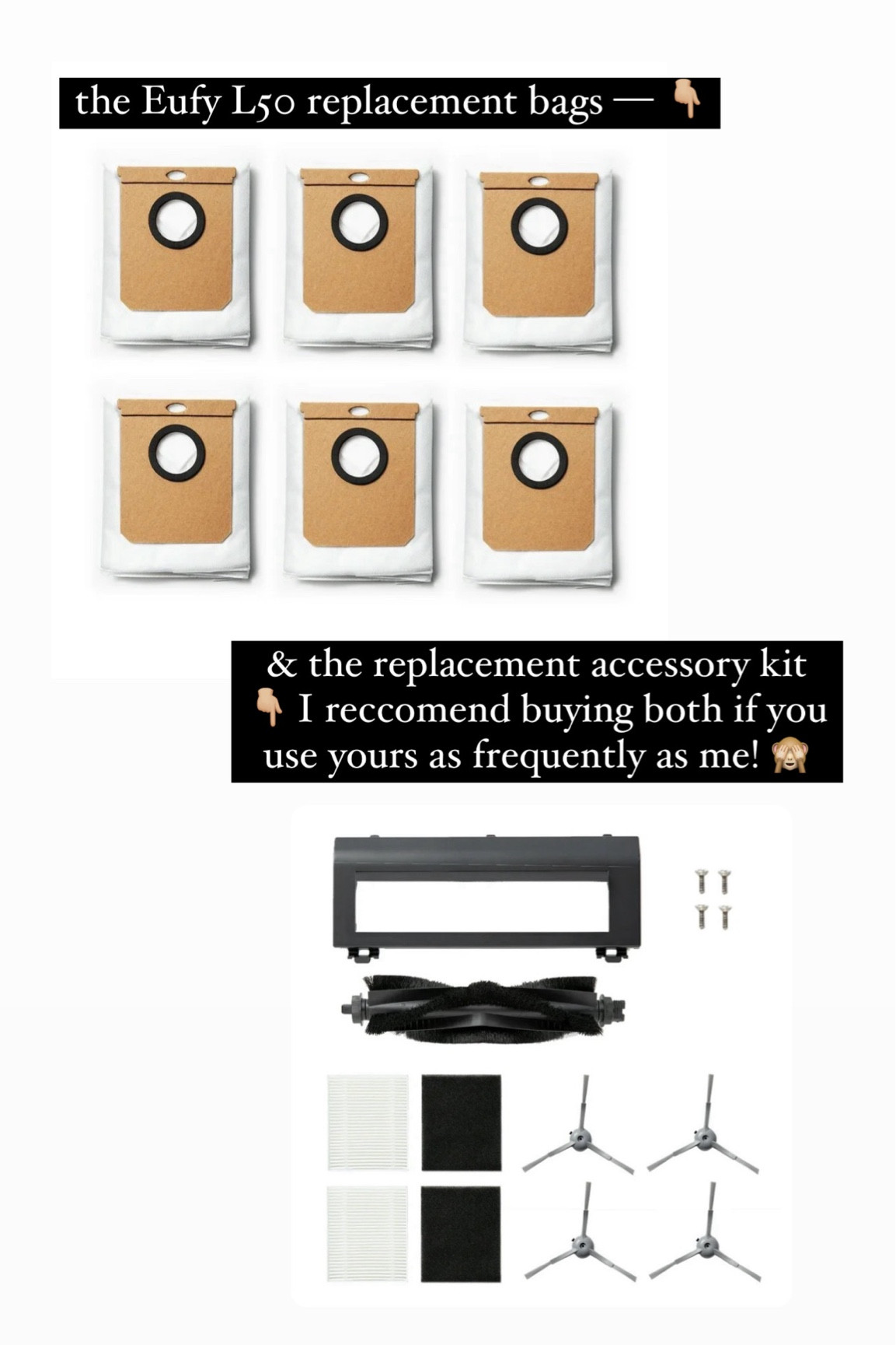 Found the replacement bags & accessory kit for the FAVE EUFY🤎👏🏼 I’d suggest snagging both if you use yours like me 🙈 DAILY! Hope this helps! 

Walmart finds / robovac / eufy / Holley Gabrielle / cleaning 

#LTKCyberWeek #LTKfindsunder50 #LTKhome