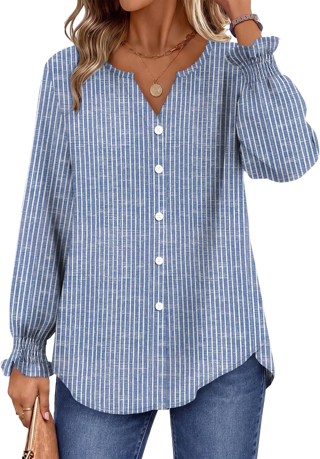 OFEEFAN Womens Long Sleeve Blouse V Neck Button Down Shirt Smocked Cuffs | Amazon (US)
