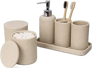 ZCCZ - Beige Bathroom Accessories Set 6 Pcs - Toothbrush Holder, Lotion Soap Dispenser, 2 Qtip Ho... | Amazon (US)