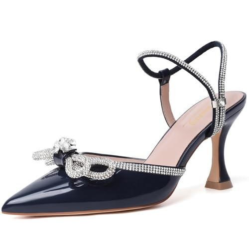 Susanny Navy Blue Rhinestone Heels for Women Bow Heels Evening Party Ankle Strap Closed Toe Pumps Office Kitten Heels Dress Heeled Prom Shoes 9.5 | Amazon (US)