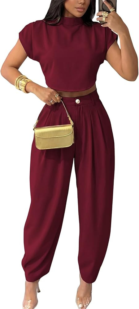 kaimimei 2 Piece Sets for Women Casual Mock Neck Cap Sleeve Crop Tops and Palazzo Pants Vacation ... | Amazon (US)