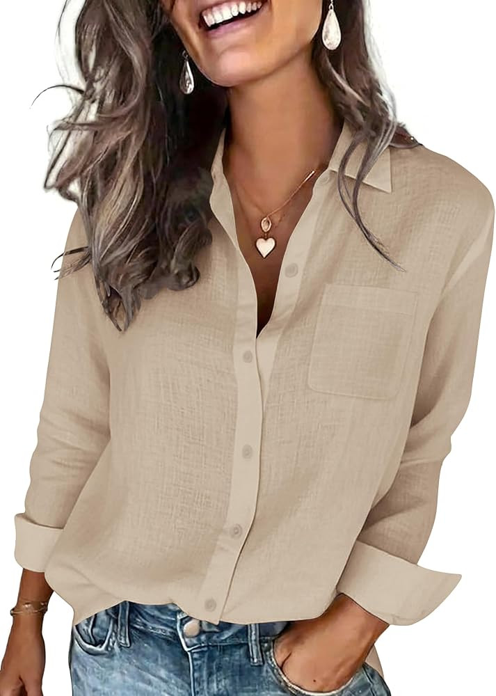 Womens Cotton Linen Textured Shirt Long Sleeve Button Down Collared Blouses Dressy Casual Gauze T... | Amazon (US)