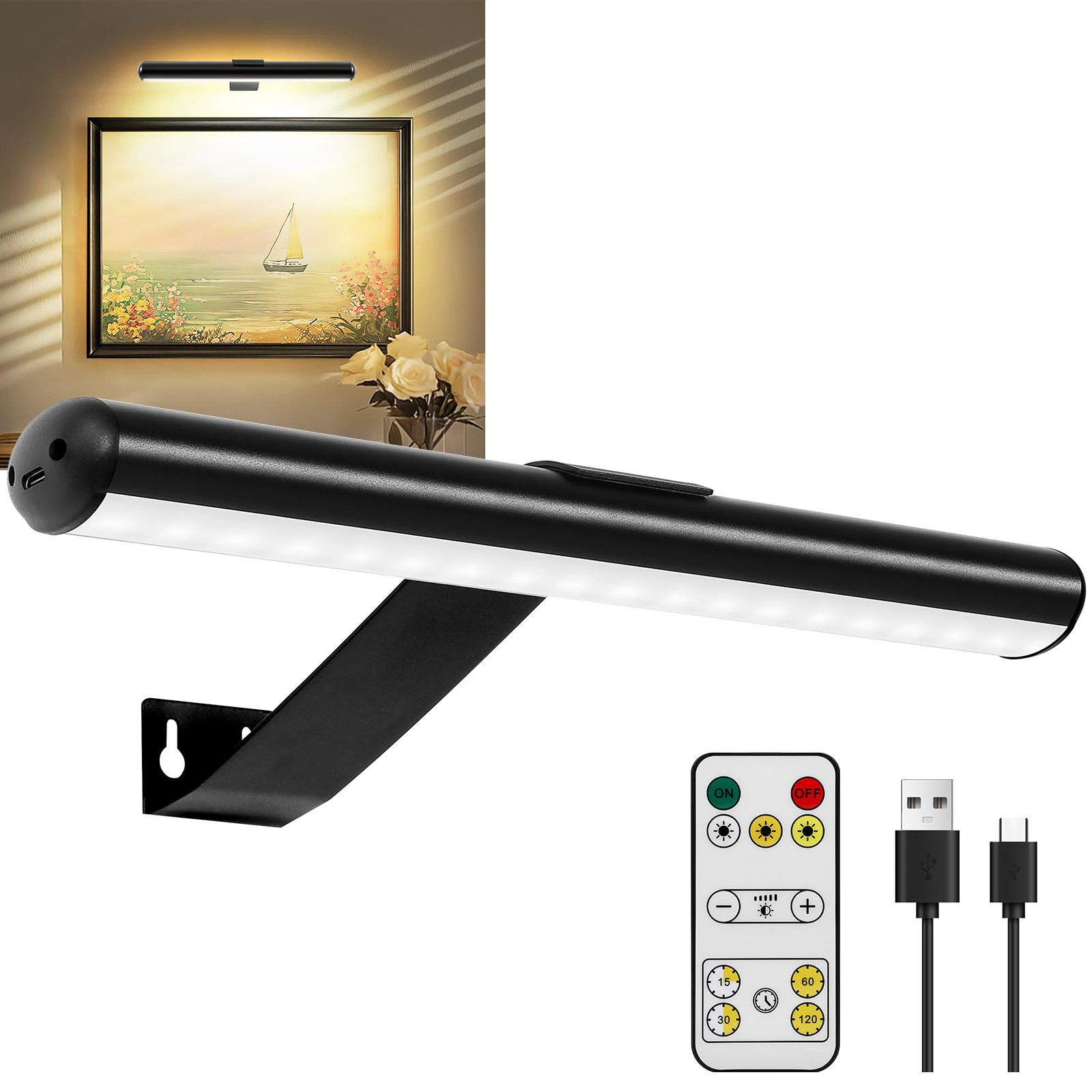 Oyezvary 1 Piece Rechargeable Magnetic Picture Light 13 Inch LED Bar 3 Color Dimmable Remote Timer for Art Frames Portraits Dartboard Display | Lowe's