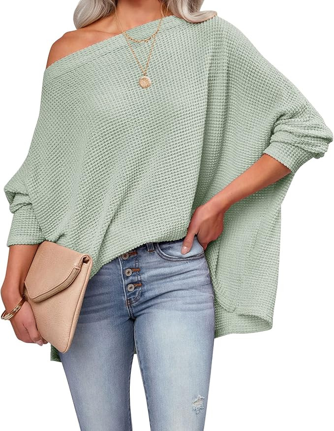 ZESICA Women's Casual Off Shoulder Batwing Long Sleeve Waffle Knit Oversized Pullover Sweater Jum... | Amazon (US)